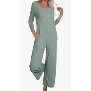 Wide Leg Waffle Knit Long Sleeve Jumpsuit Mint Green Size S
